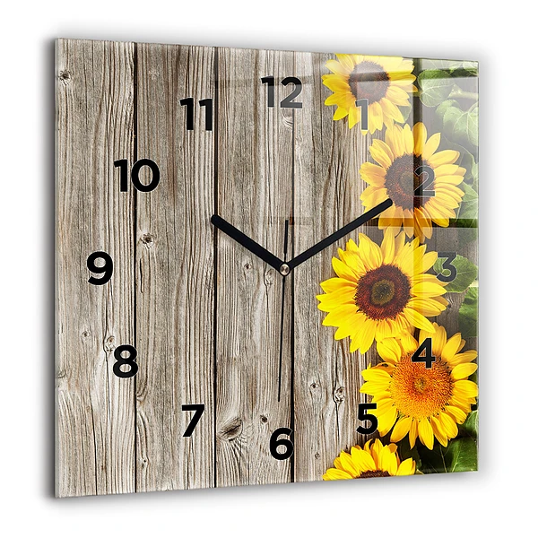 Wanduhr modern quadratisch Sonnenblumen auf den Brettern