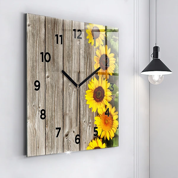 Wanduhr modern quadratisch Sonnenblumen auf den Brettern