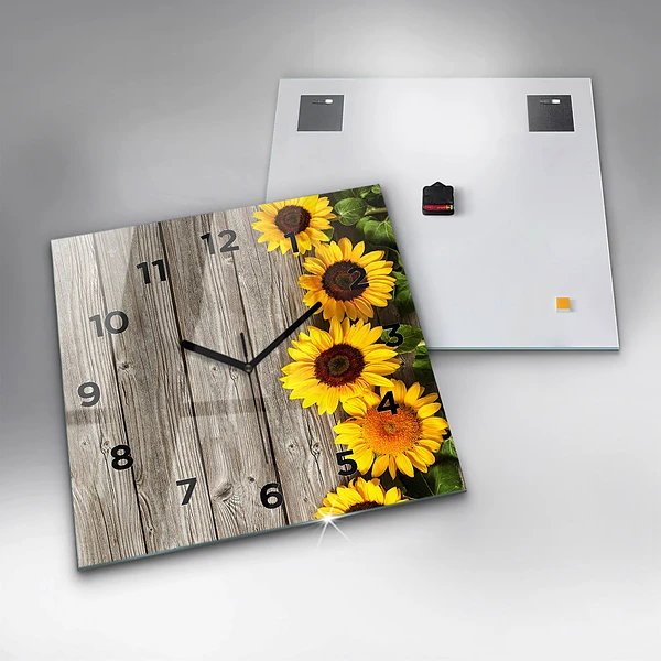 Wanduhr modern quadratisch Sonnenblumen auf den Brettern