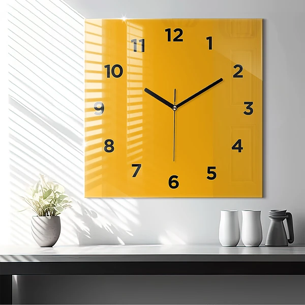 Wanduhr modern quadratisch Farbe goldgelb