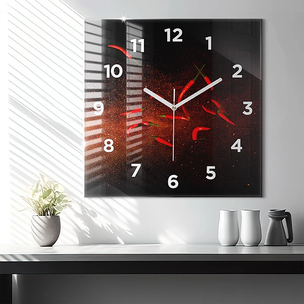 Wanduhr modern quadratisch Chili-Schoten