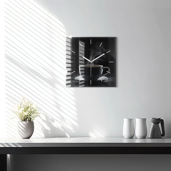 Wanduhr quadratisch Tasse mit schwarzem Kaffee