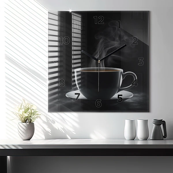 Wanduhr quadratisch Tasse mit schwarzem Kaffee