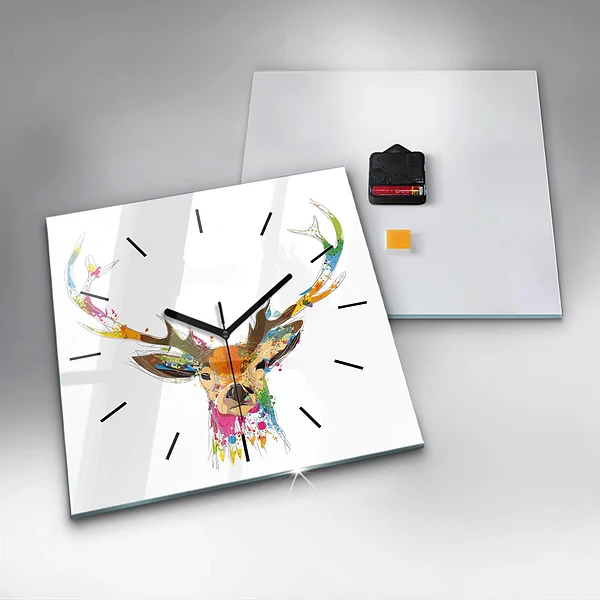 Wanduhr modern quadratisch Farbiger Hirschkopf