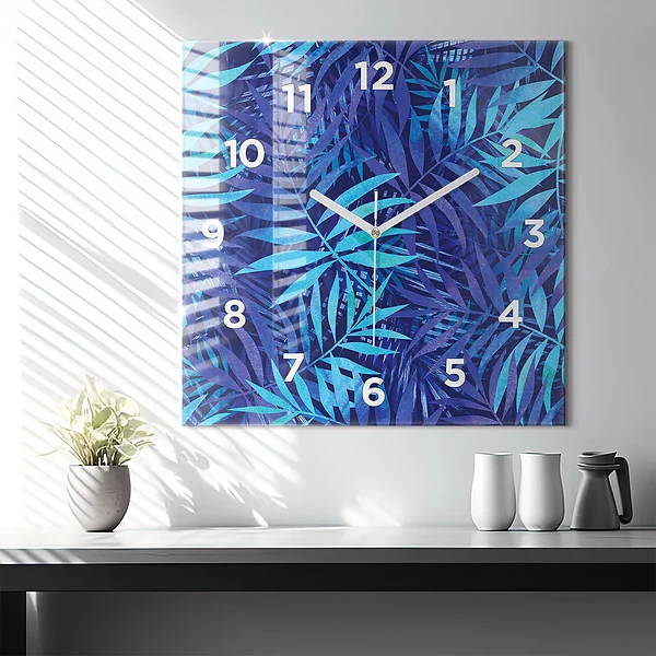 Wanduhr quadratisch mit motiv Blaue Blätter