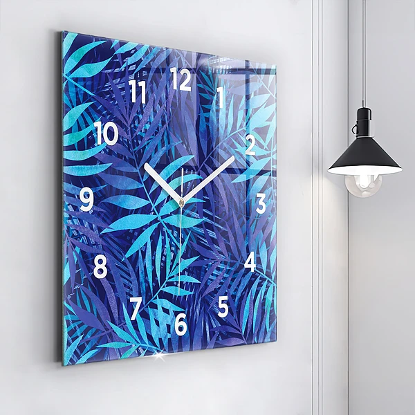 Wanduhr quadratisch mit motiv Blaue Blätter