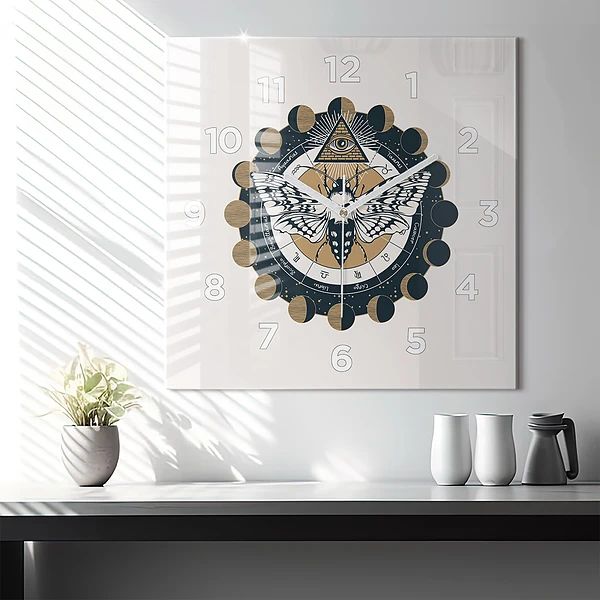 Wanduhr quadratisch mit motiv Mondphasen und das Auge