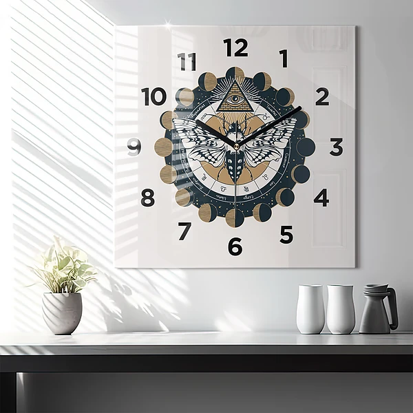 Wanduhr quadratisch mit motiv Mondphasen und das Auge