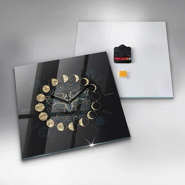 Wanduhr quadratisch Mondphasen und Insekt