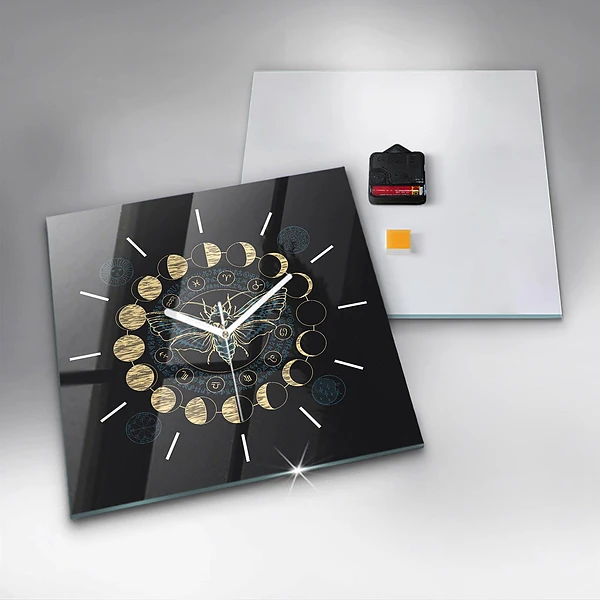 Wanduhr quadratisch Mondphasen und Insekt