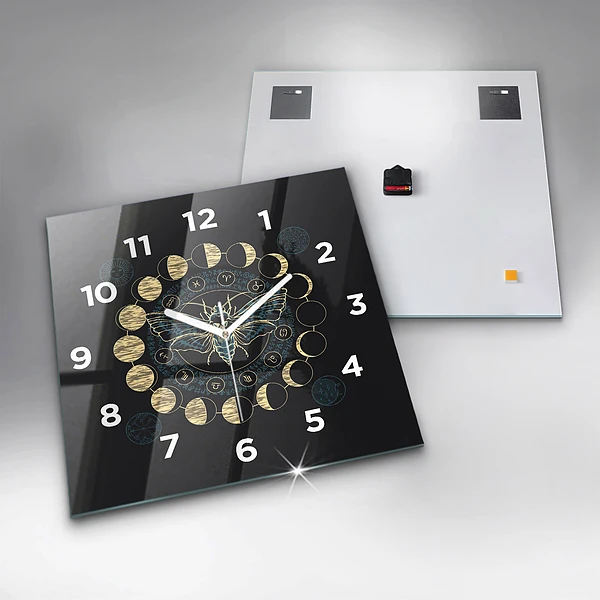Wanduhr quadratisch Mondphasen und Insekt
