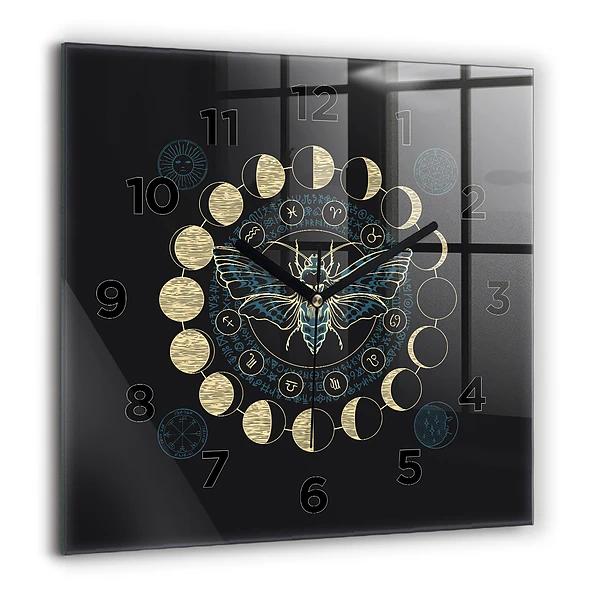 Wanduhr quadratisch Mondphasen und Insekt