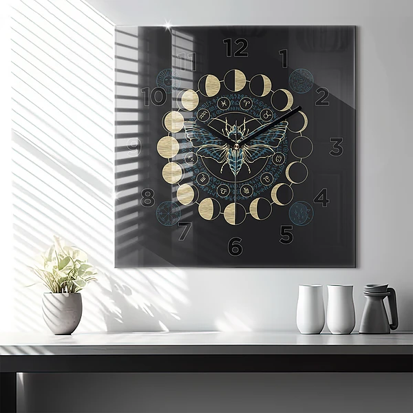 Wanduhr quadratisch Mondphasen und Insekt