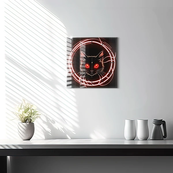 Wanduhr modern quadratisch Katze mit roten Augen