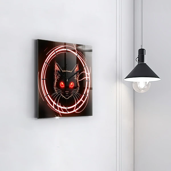 Wanduhr modern quadratisch Katze mit roten Augen