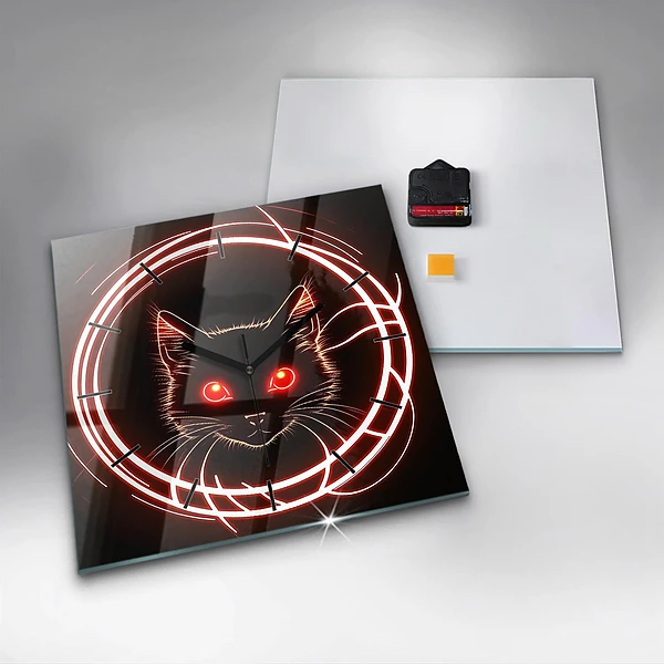 Wanduhr modern quadratisch Katze mit roten Augen