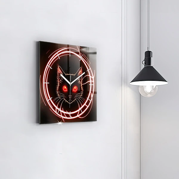 Wanduhr modern quadratisch Katze mit roten Augen