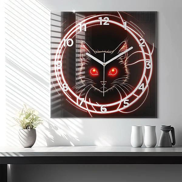 Wanduhr modern quadratisch Katze mit roten Augen