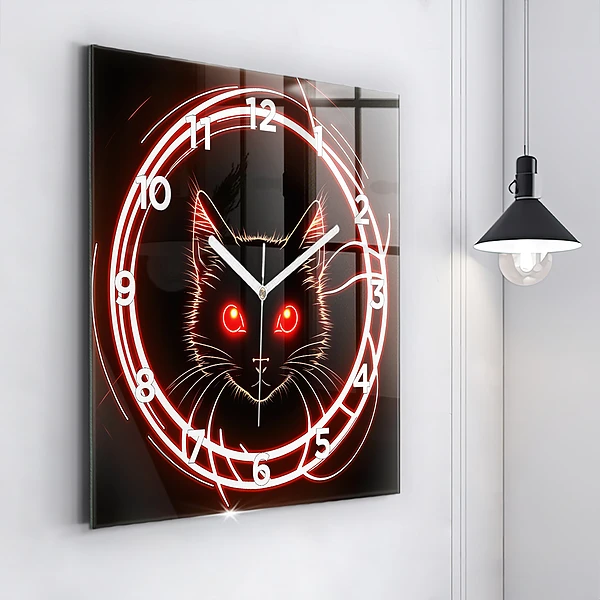 Wanduhr modern quadratisch Katze mit roten Augen