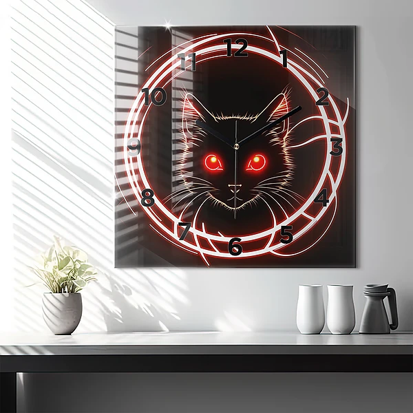 Wanduhr modern quadratisch Katze mit roten Augen
