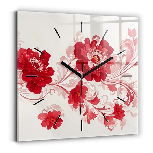 Wanduhr quadratisch Rote Blumen