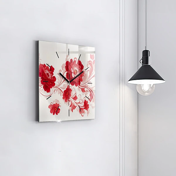 Wanduhr quadratisch Rote Blumen