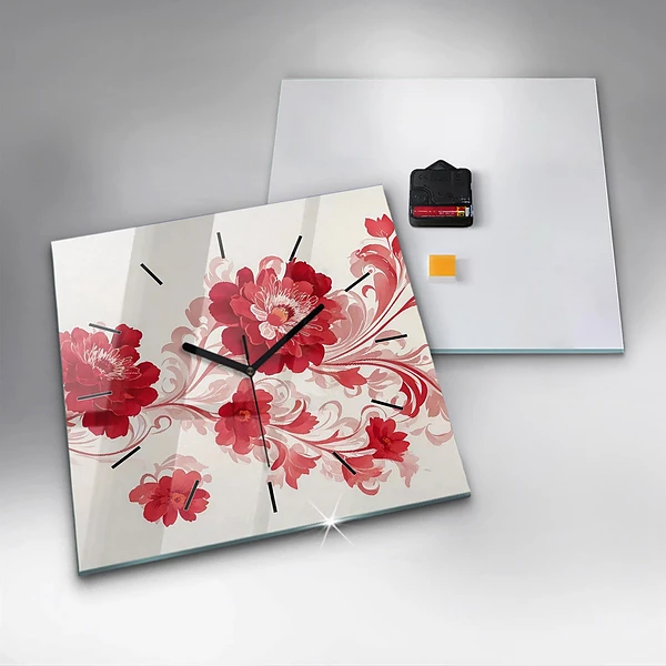 Wanduhr quadratisch Rote Blumen