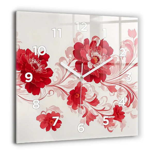 Wanduhr quadratisch Rote Blumen