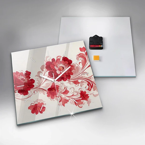 Wanduhr quadratisch Rote Blumen