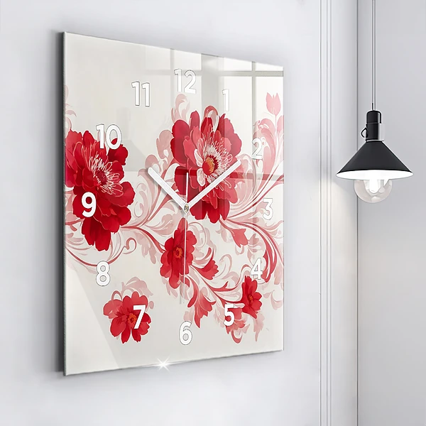 Wanduhr quadratisch Rote Blumen