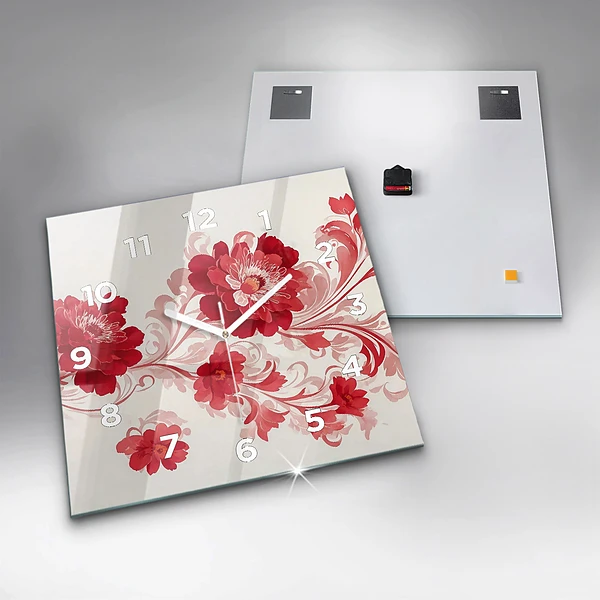 Wanduhr quadratisch Rote Blumen