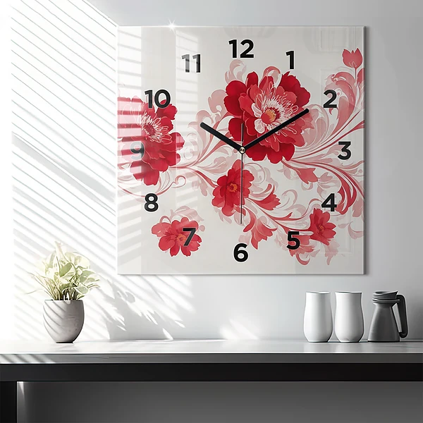 Wanduhr quadratisch Rote Blumen