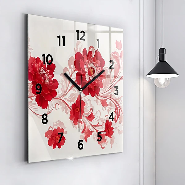 Wanduhr quadratisch Rote Blumen
