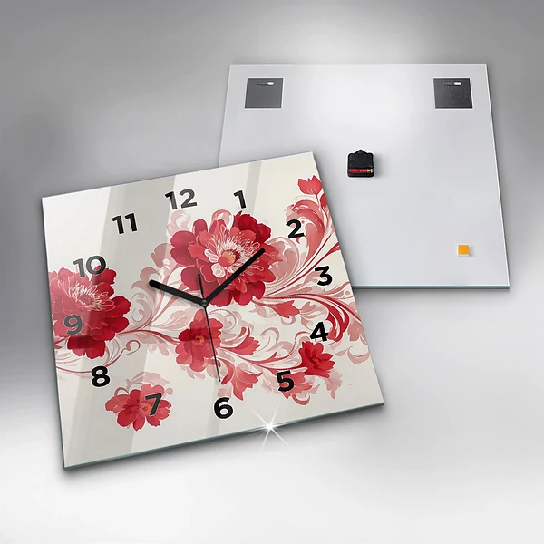 Wanduhr quadratisch Rote Blumen