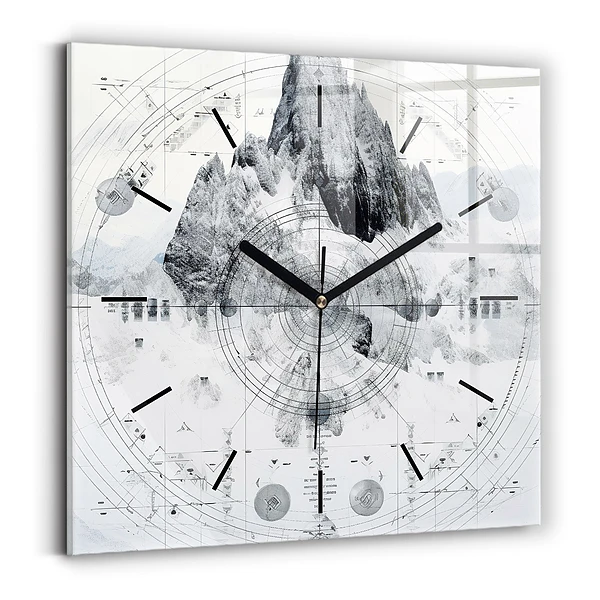 Wanduhr quadratisch mit motiv Zeichnung Berge