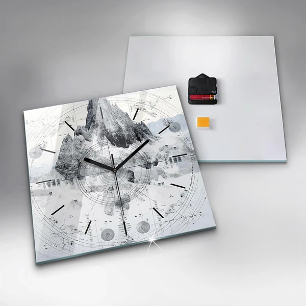 Wanduhr quadratisch mit motiv Zeichnung Berge