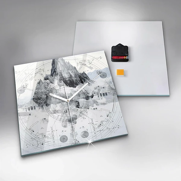 Wanduhr quadratisch mit motiv Zeichnung Berge