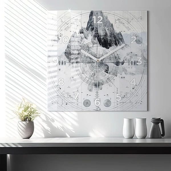 Wanduhr quadratisch mit motiv Zeichnung Berge
