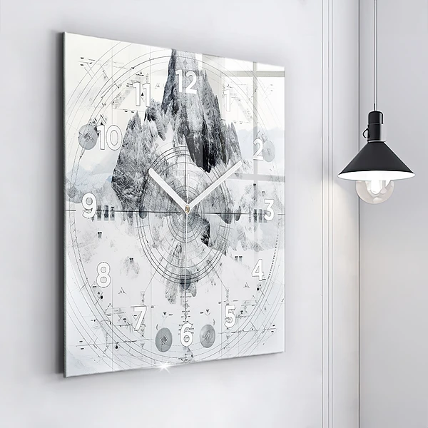 Wanduhr quadratisch mit motiv Zeichnung Berge