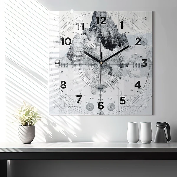 Wanduhr quadratisch mit motiv Zeichnung Berge
