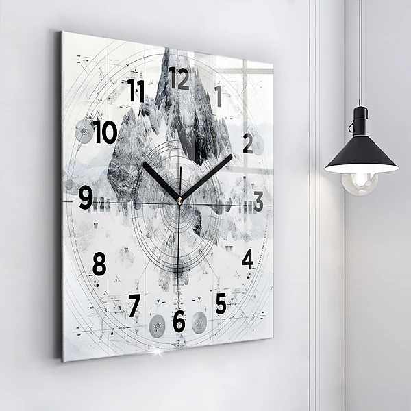 Wanduhr quadratisch mit motiv Zeichnung Berge