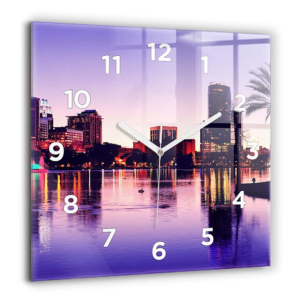 Wanduhr modern quadratisch Abendliches Stadtpanorama
