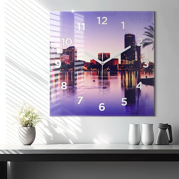 Wanduhr modern quadratisch Abendliches Stadtpanorama