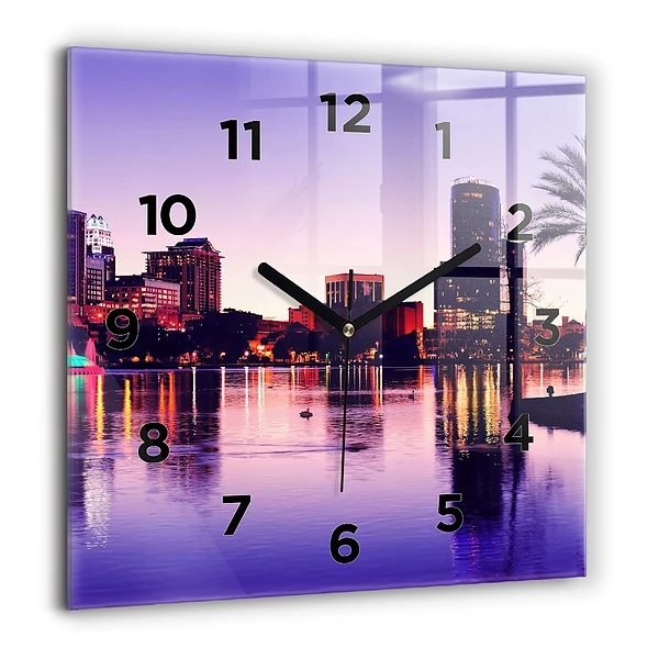 Wanduhr modern quadratisch Abendliches Stadtpanorama