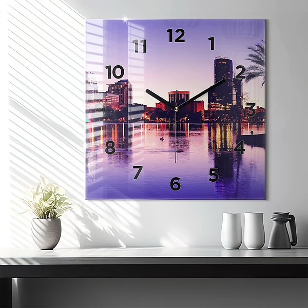 Wanduhr modern quadratisch Abendliches Stadtpanorama