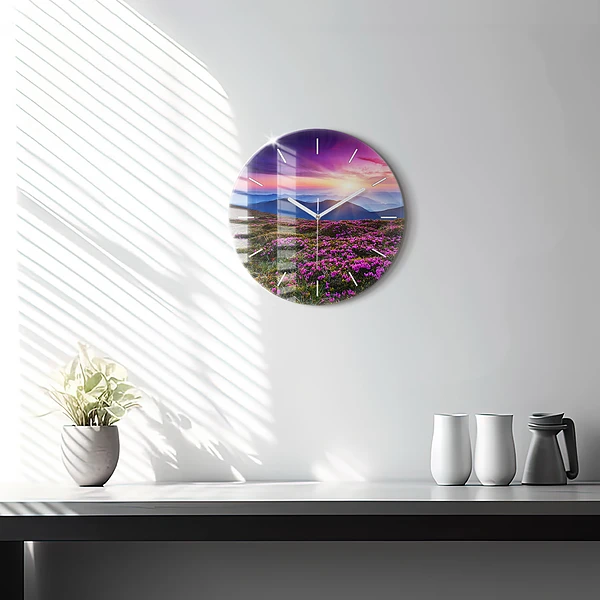 Wanduhr rund mit motiv Sonnenaufgang Blumen