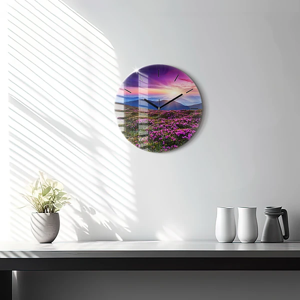 Wanduhr rund mit motiv Sonnenaufgang Blumen