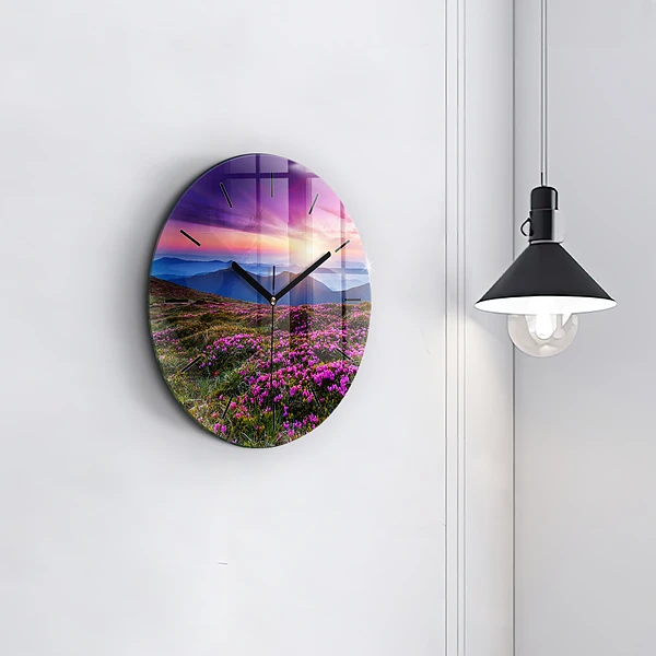 Wanduhr rund mit motiv Sonnenaufgang Blumen