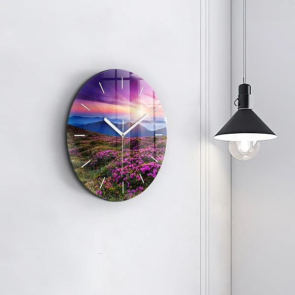 Wanduhr rund mit motiv Sonnenaufgang Blumen