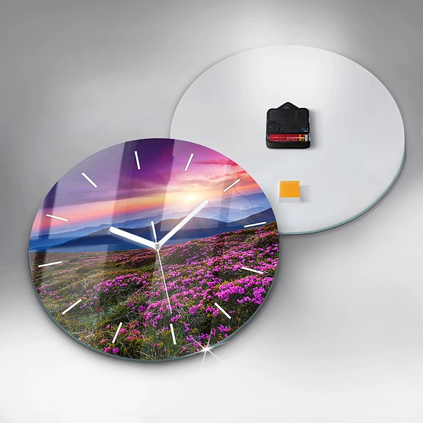 Wanduhr rund mit motiv Sonnenaufgang Blumen